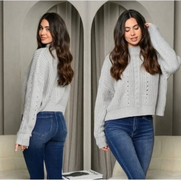 Light Grey Long Sleeve Mock Neck Trendy Knit Sweater-NEW-SIZE: LARGE - Picture 3 of 6